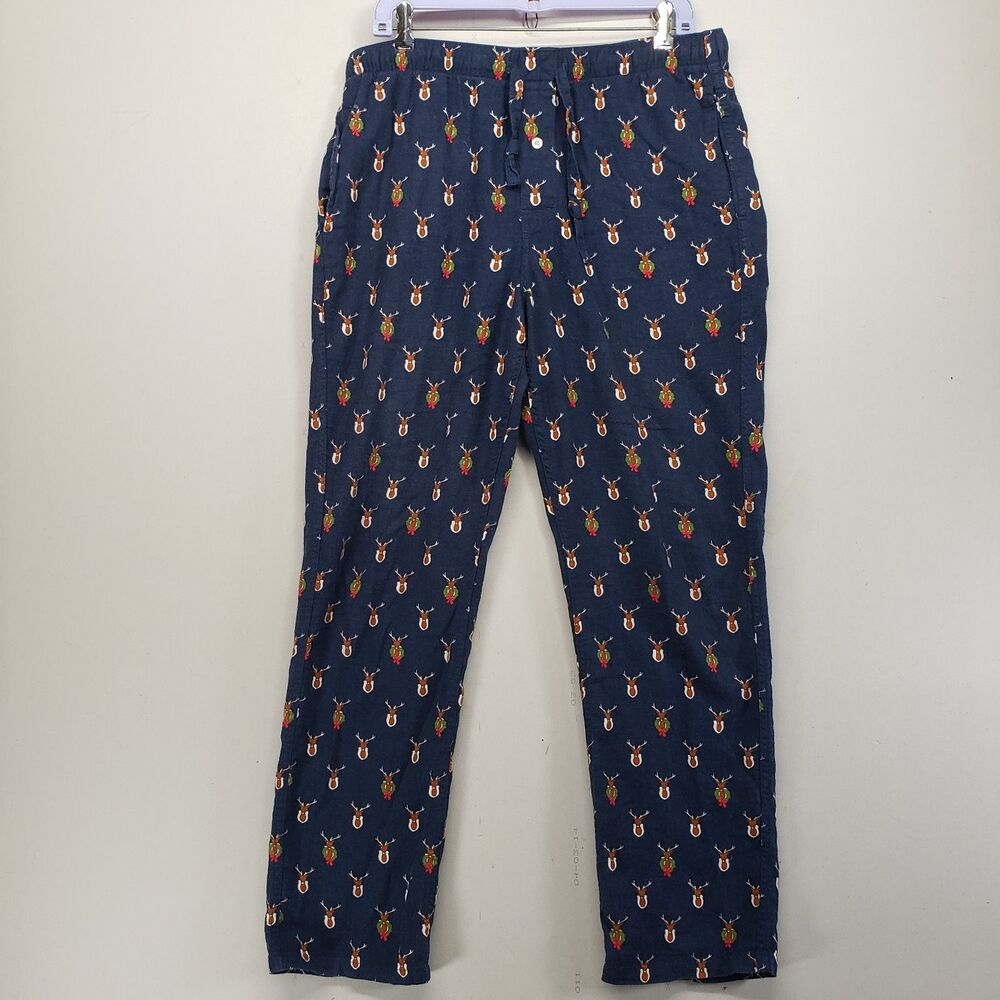 J.Crew Mens Reindeer Pajama Flannel Pants Christmas Holiday Blue Sleepwear Large